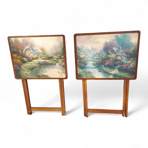 Vintage Thomas Kinkade Wooden TV Trays Tables Set Lot of 4 Folding Snack Trays - Picture 5 of 8